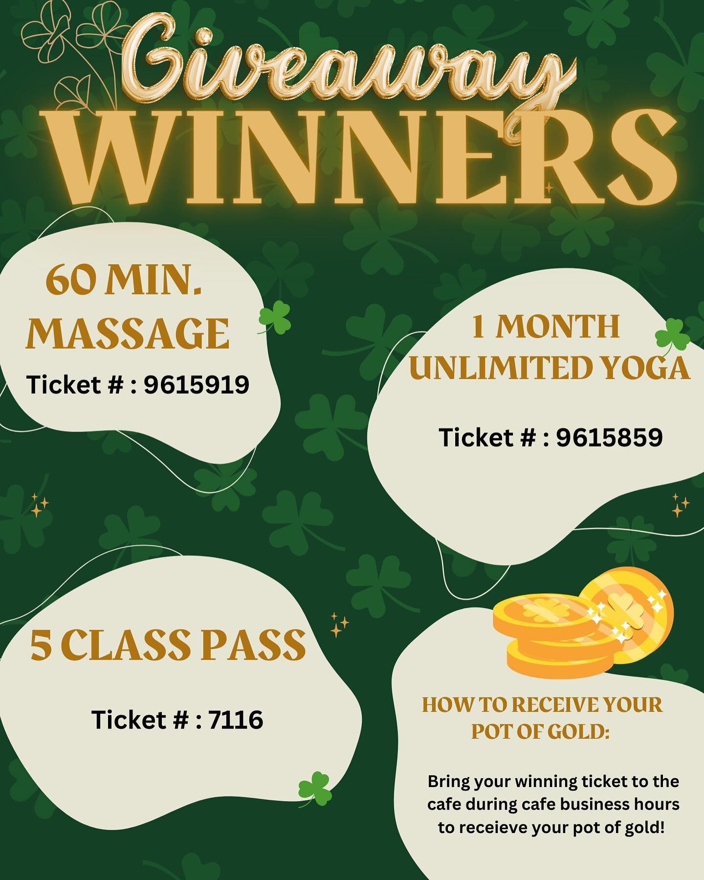 CONGRATULATIONS TO THESE LUCKY NUMBERS!🍀✨
Come to the cafe with your lucky ticket to receive your pot of gold! 💚💛