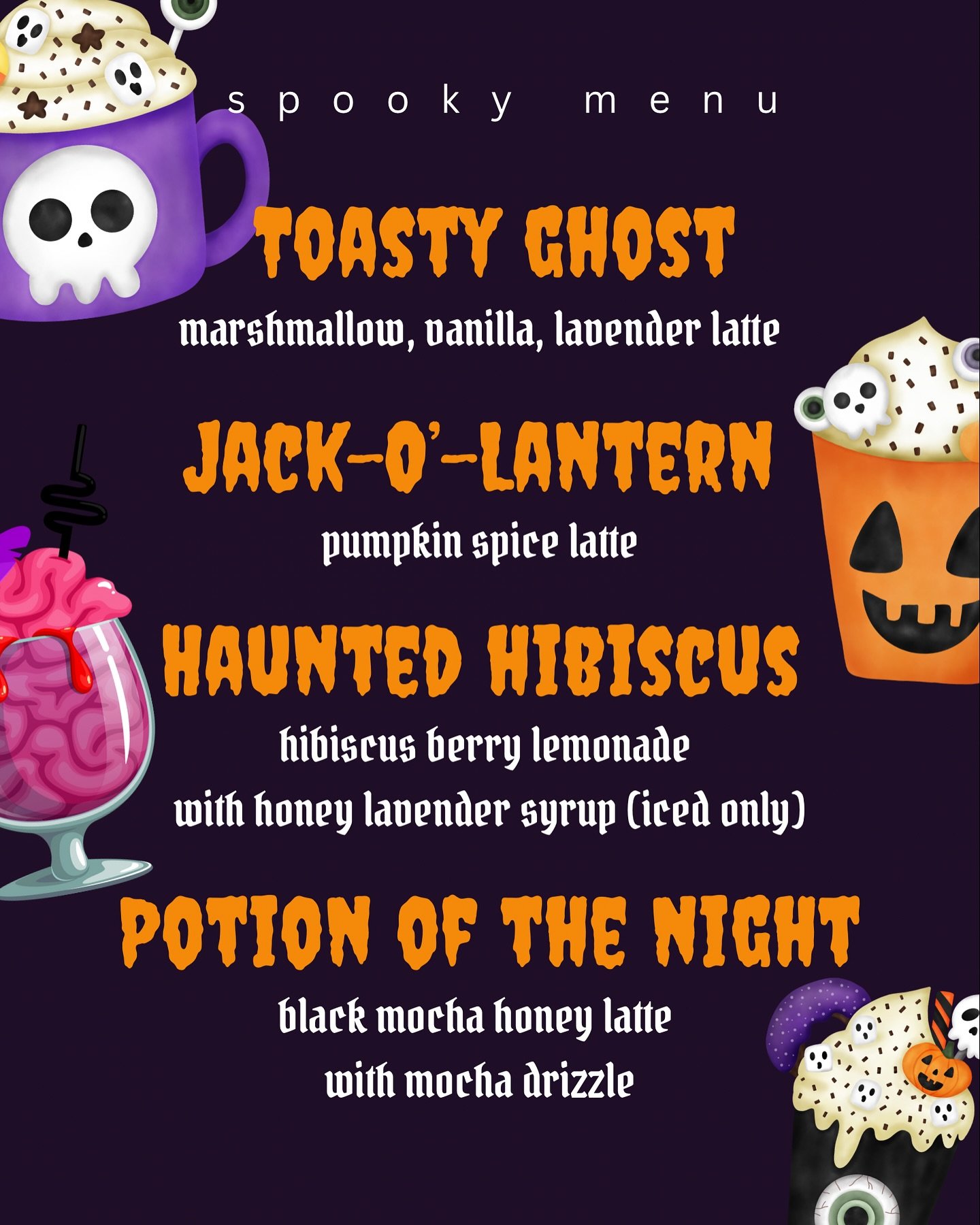 🧟&zwj;♂️Spooky season has arrived at Sanctuary!🧟&zwj;♀️
Starting TODAY until Halloween 🕸️
Our barista team came up with some scary good drinks for y&rsquo;all! They are to die for! 
👻 TOASTY GHOST
marshmallow, vanilla, lavender latte
🎃 JACK-